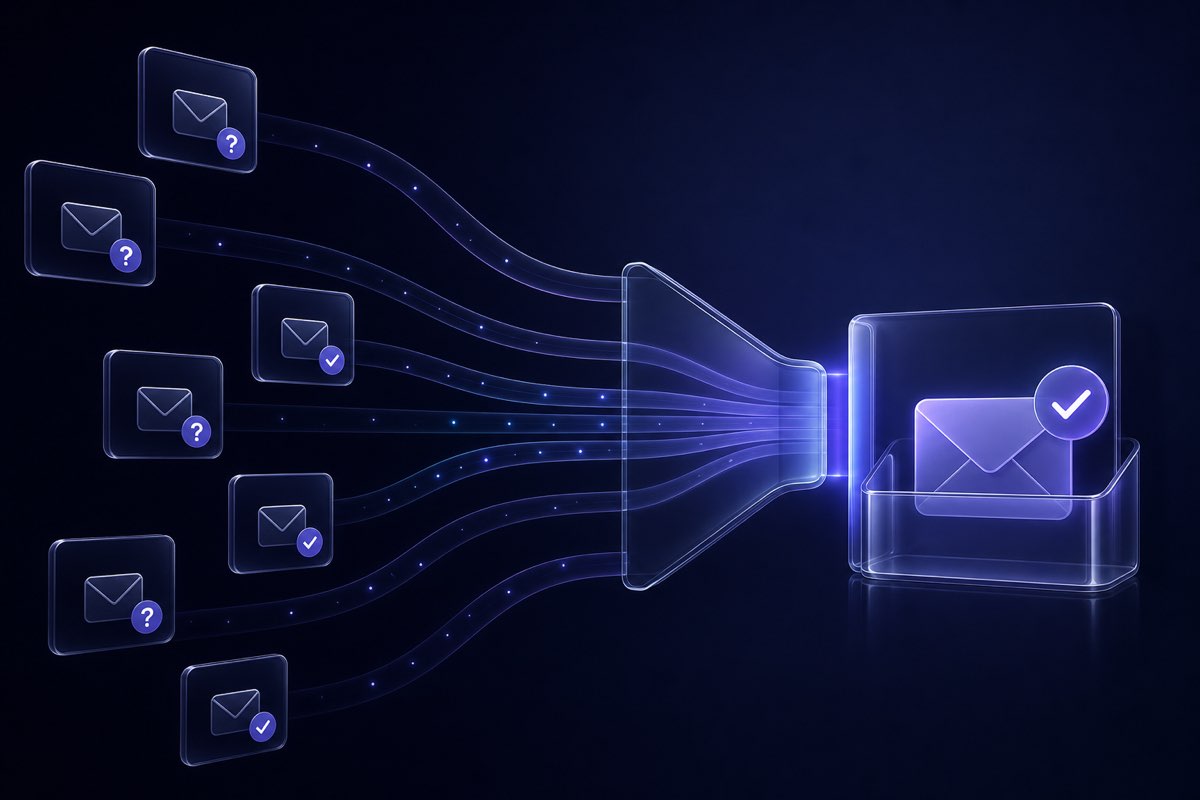 Abstract diagram of catch-all email domains with send, caution, and skip paths