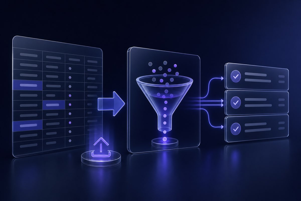 CSV rows flowing through email list cleaning preview and segment download workflow