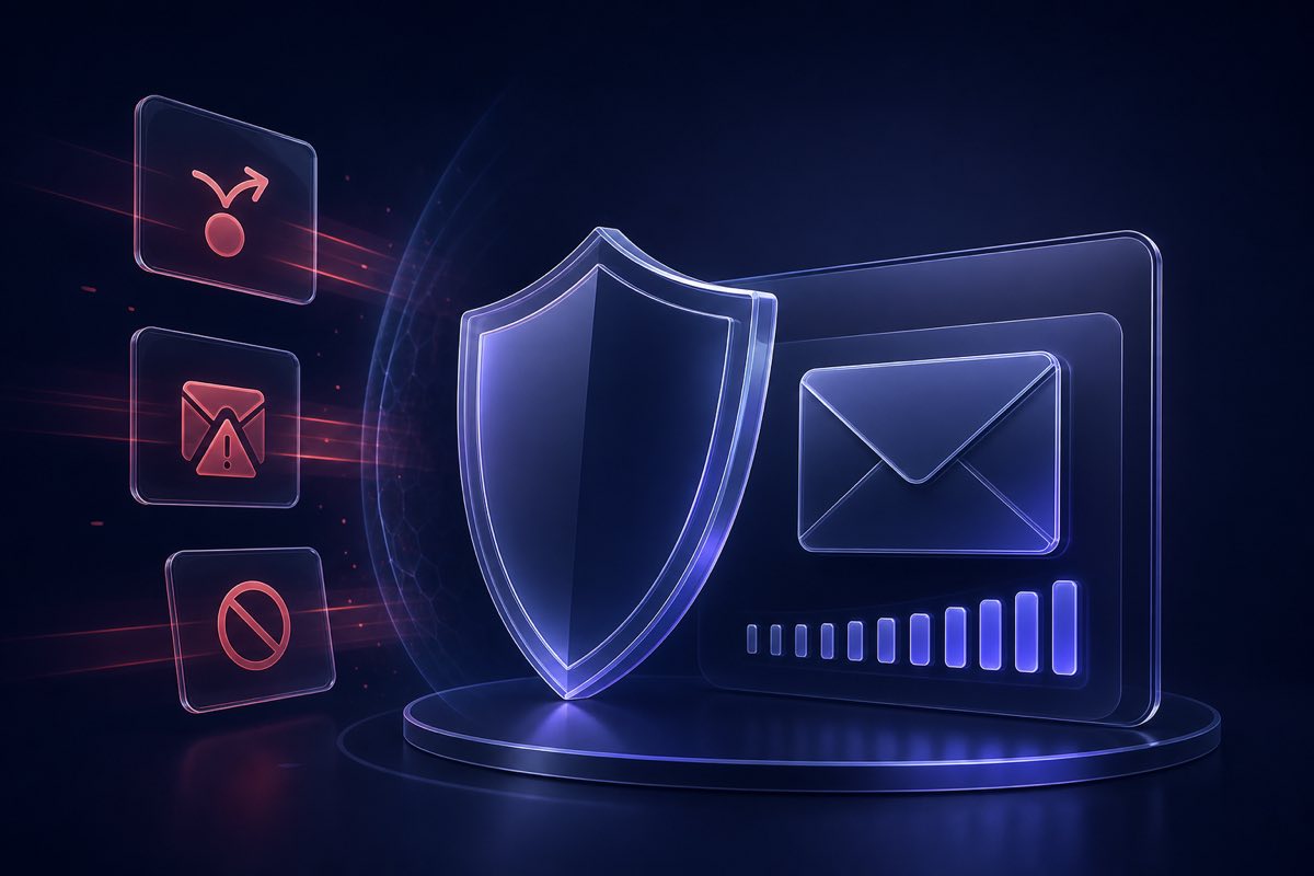 Abstract shield protecting inbox sender reputation from bounce and spam warning signals