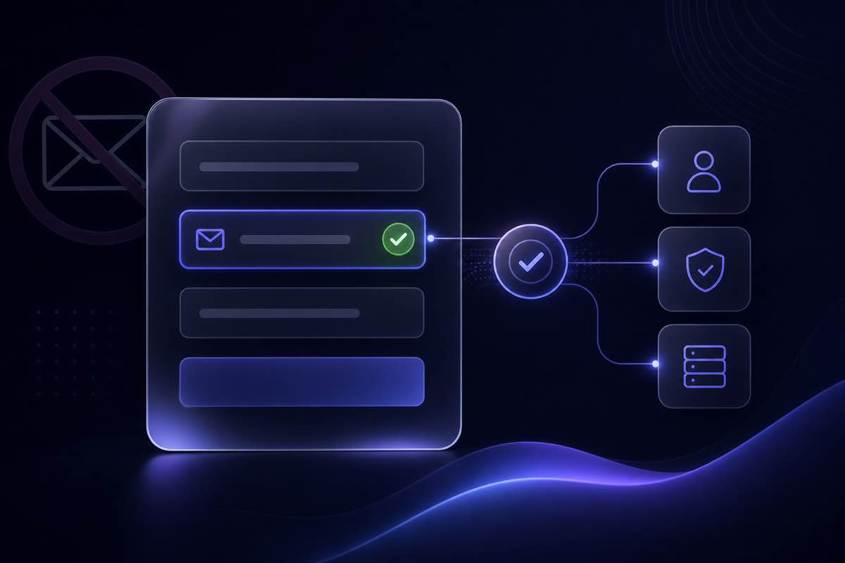 Signup form with real-time email validation checkmark and API connection flow