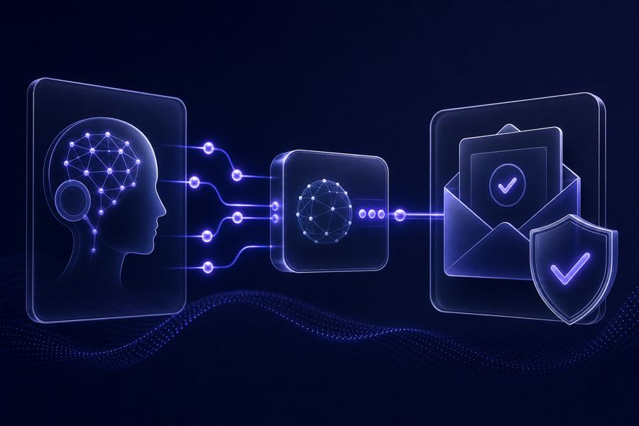Abstract glass diagram connecting AI assistant to email validation MCP API endpoint
