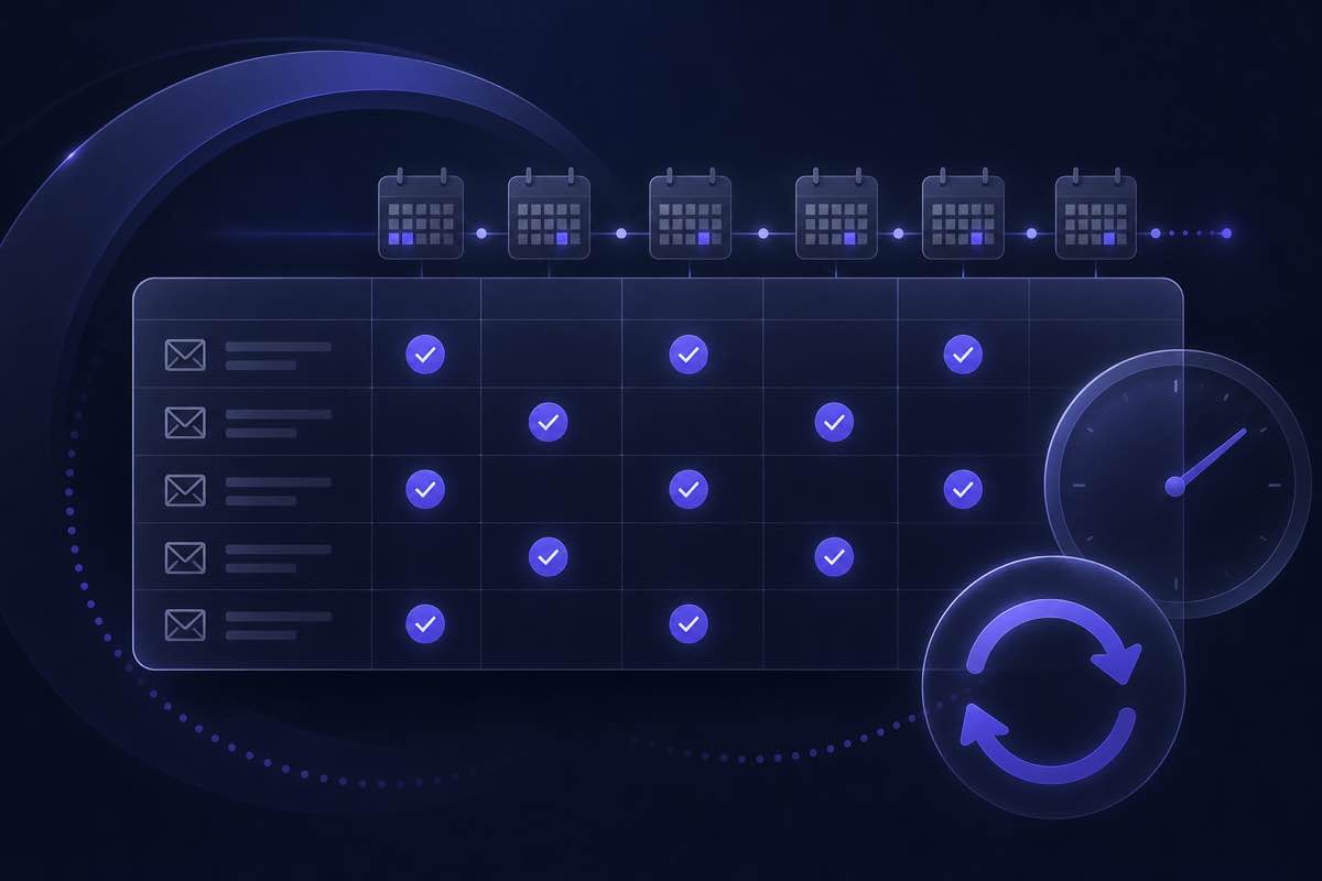 Calendar timeline with recurring verification checkmarks on email list rows